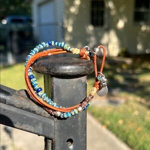 Beaded Leather Bracelet with Blue Accents
